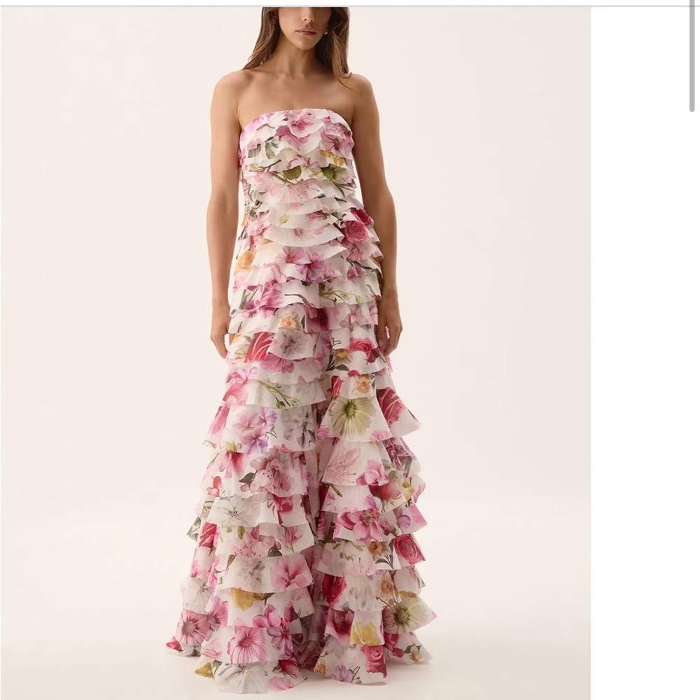 Aje Strapless Floral Ruffle Dress - Pink and White